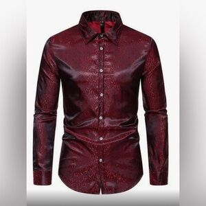 JOGAL Men's Shiny Satin Long Sleeve Button Down Shirt